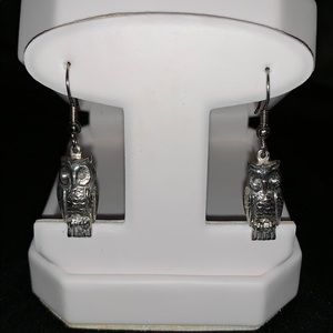 Silver tone owl earrings
